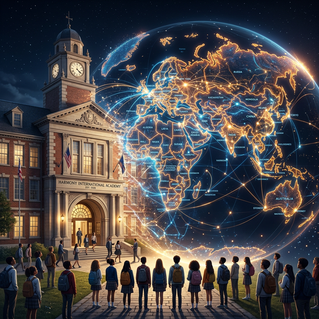 Group of students standing outside Harmony International Academy looking at a digital globe with illuminated world map and network lines