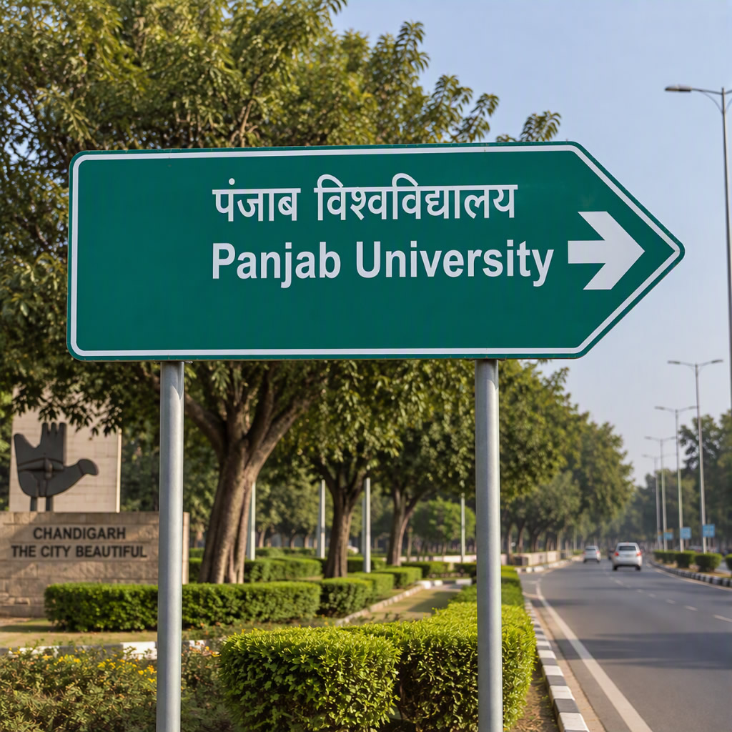 Directional sign for Panjab University in Chandigarh, featuring text in English and Punjabi, surrounded by greenery.