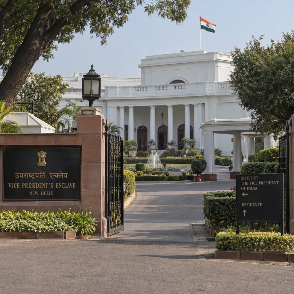 Entrance of the Vice President's Enclave in New Delhi, featuring a well-maintained garden, a white colonial-style building, and the Indian flag flying atop.