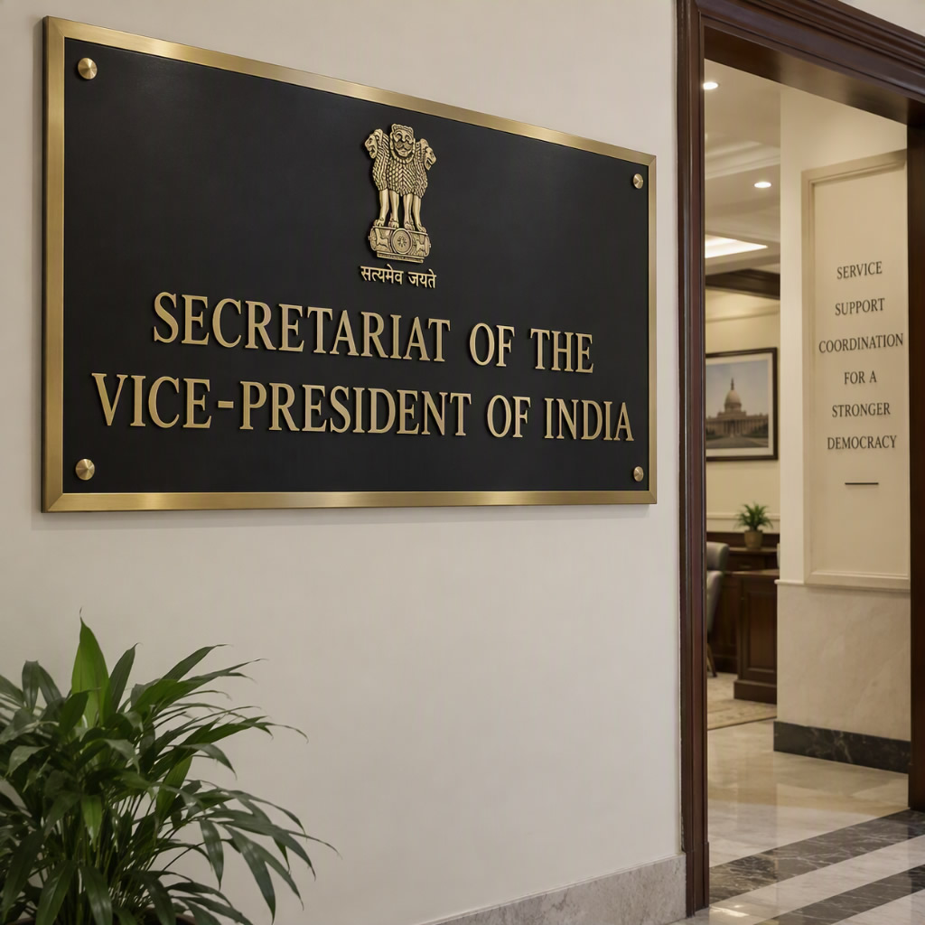 Signboard displaying 'Secretariat of the Vice-President of India' with the national emblem on a polished black background.